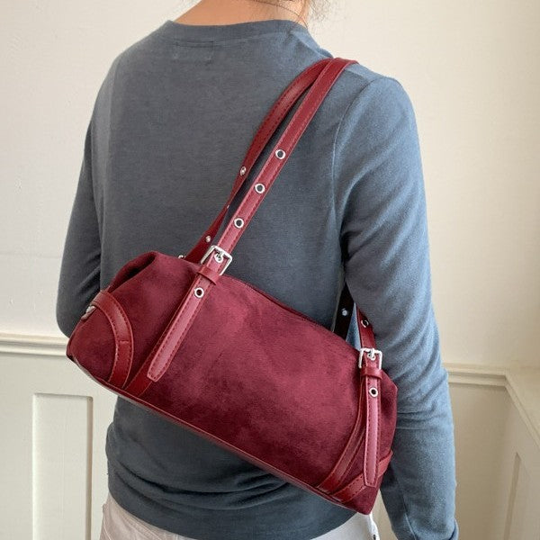 Vintage Studded Suede-Look Boston Shoulder Bag with Studded Straps