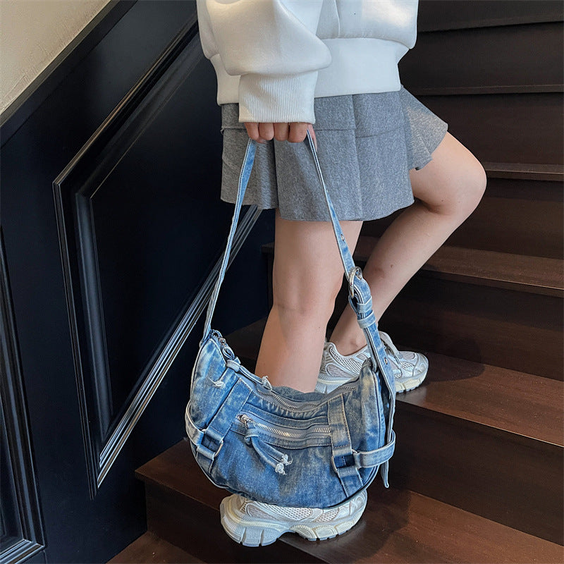 Cross-Border Denim Bag For Women 2025 New Korean Version Fashionable Shoulder Crossbody Bag Versatile Commuter Dumpling Bag Wholesale
