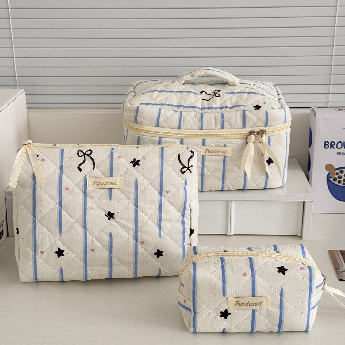 Multi-Pattern Palace Quilted Cosmetic Clutch and Octagonal Set