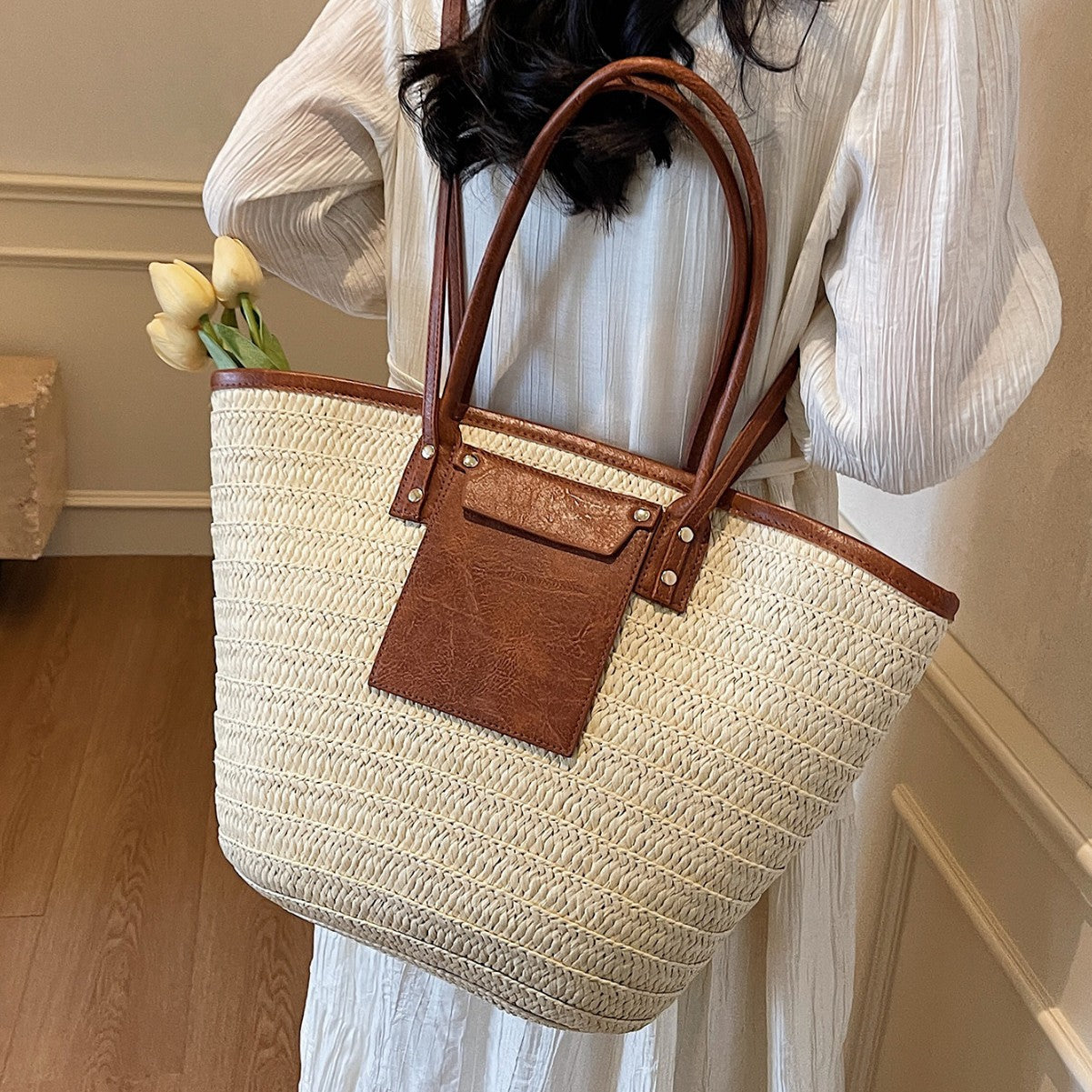 Women Travel Vacation Straw 2026 Summer New Woven Handheld Large Tote Bag