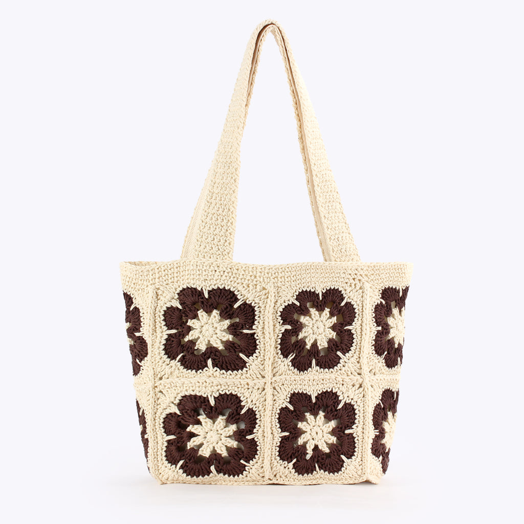 Floral Crochet Granny Square Shoulder Tote Bag