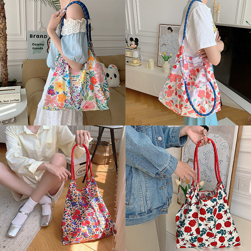 Korean Large Capacity Drawstring Floral Tote Bag