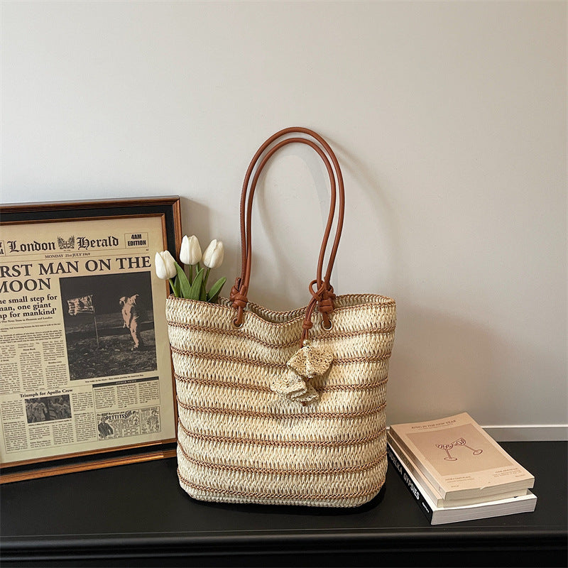 Women 2026 Spring New Casual Large Shoulder Paper Rope Striped Woven Bag