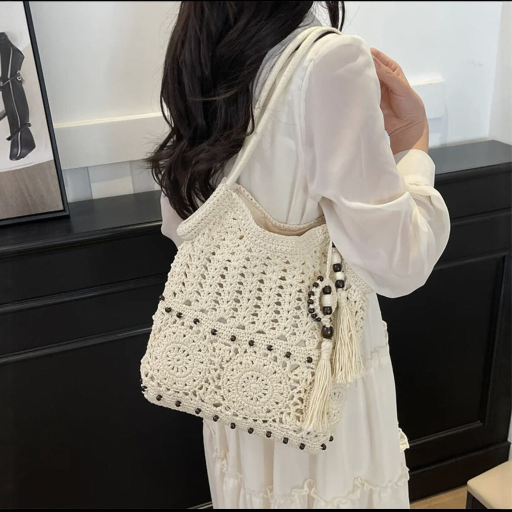 White Woven Hollow Tassel Detail Large Capacity Shoulder Tote Bag