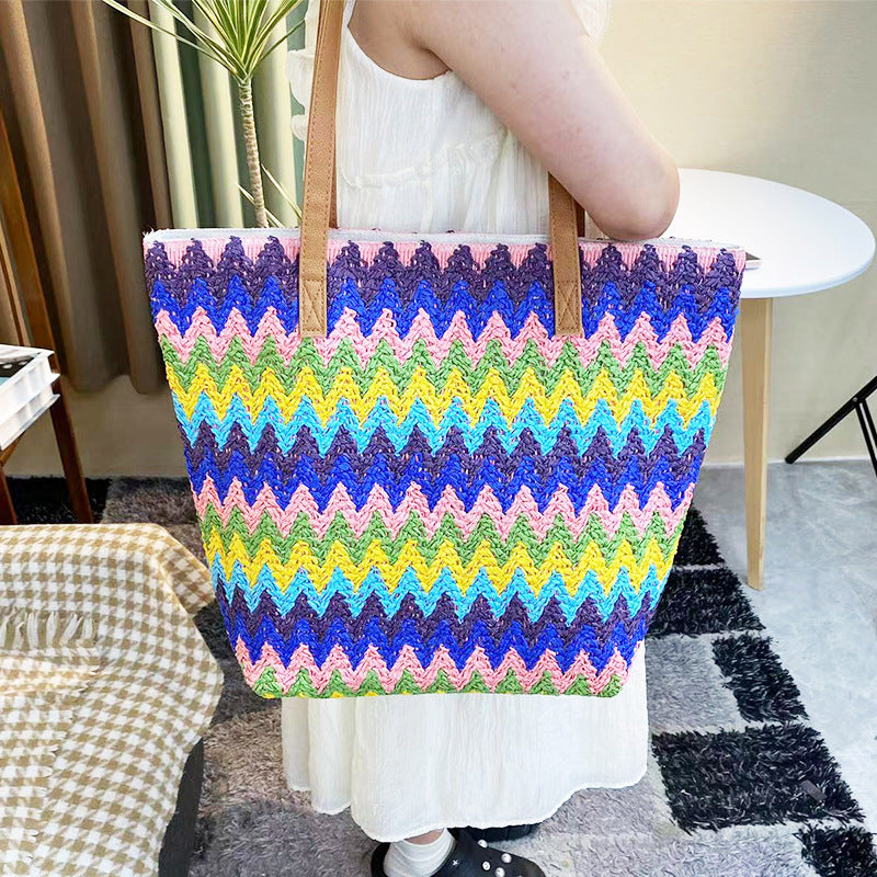 Large Capacity Handmade Wavy Striped Straw Tote Bag