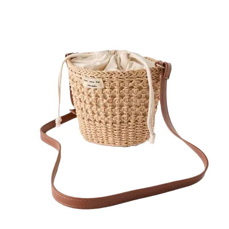 Cute Hollow Straw Bucket Crossbody Beach Bag