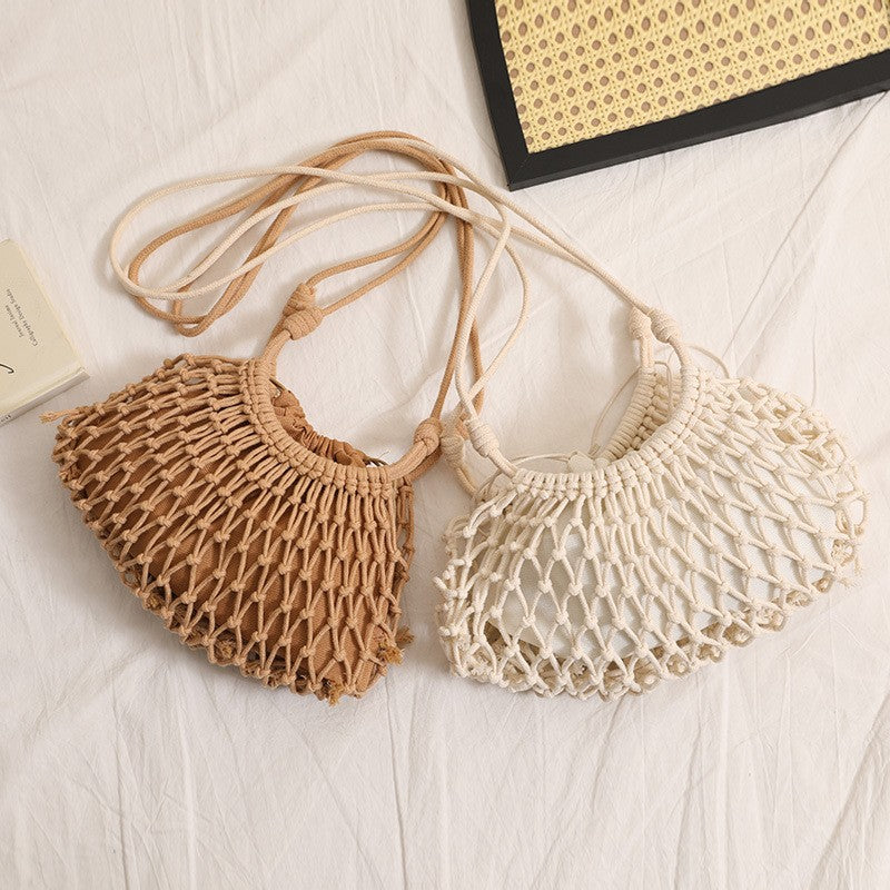 Solid Color Cotton Crossbody Hollow Mesh Straw Beach Bag
