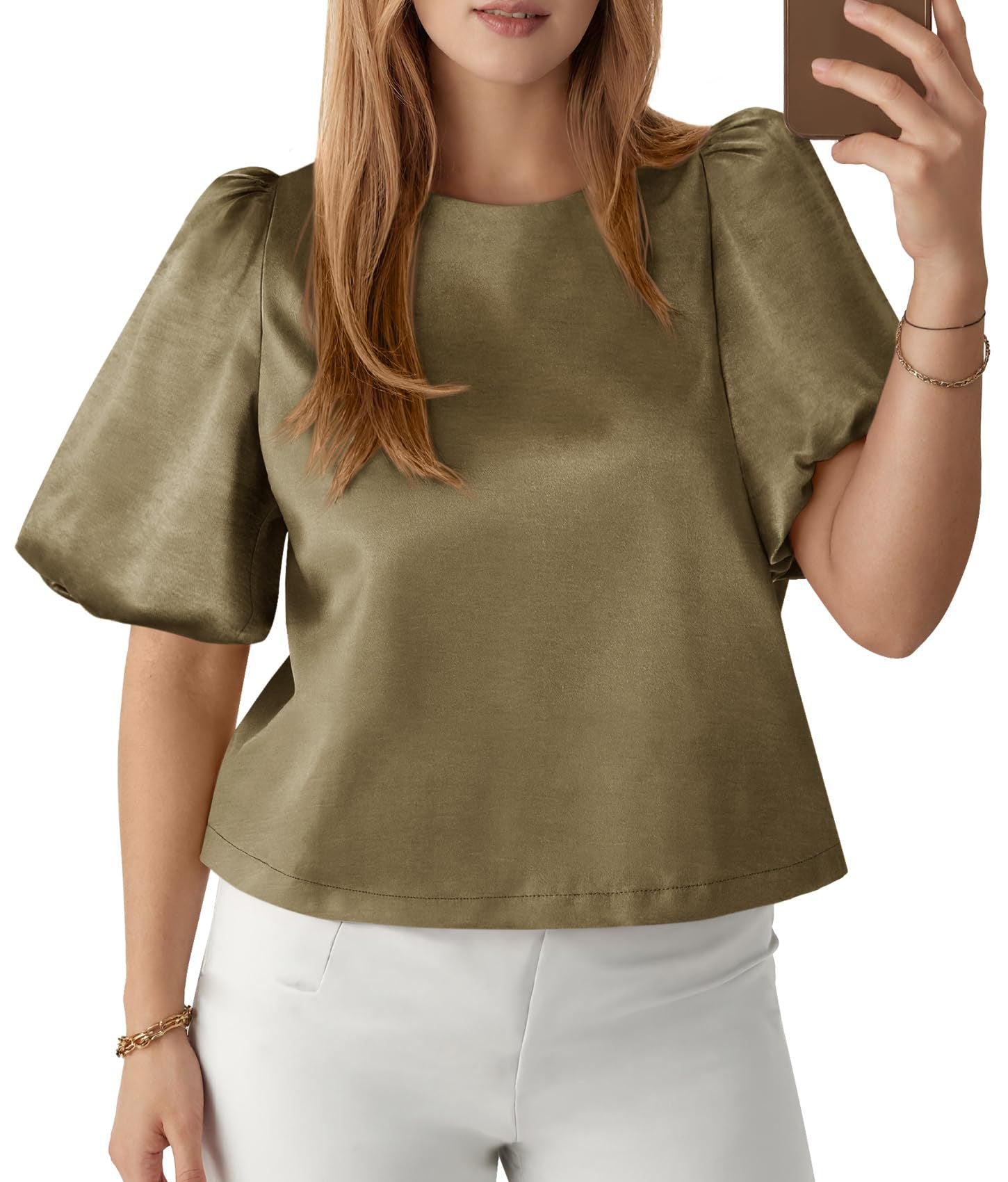 Elegant Women's Round Neck Satin Puff Sleeve Baby Doll Top