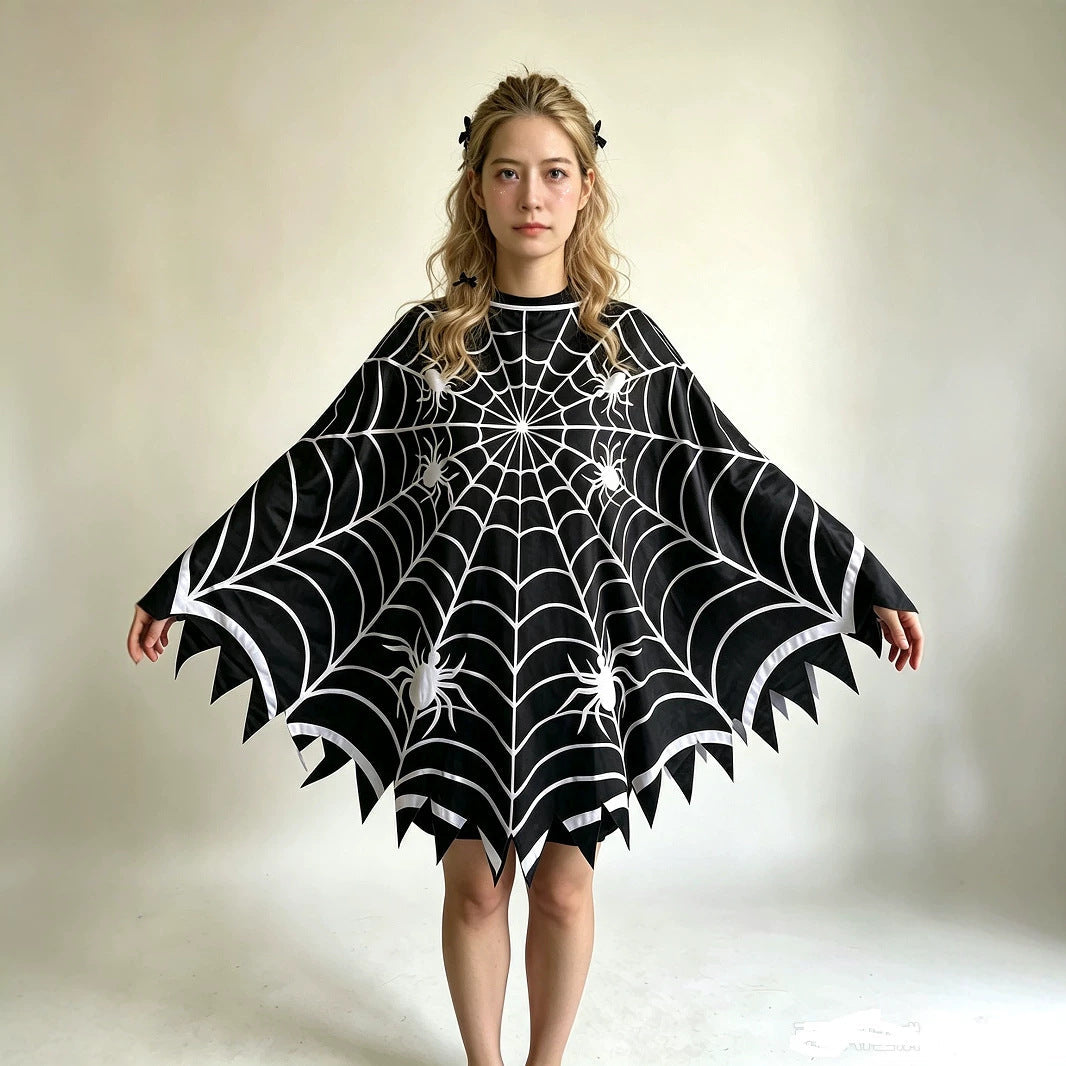 Black Gothic Spiderweb Halloween Poncho Costume