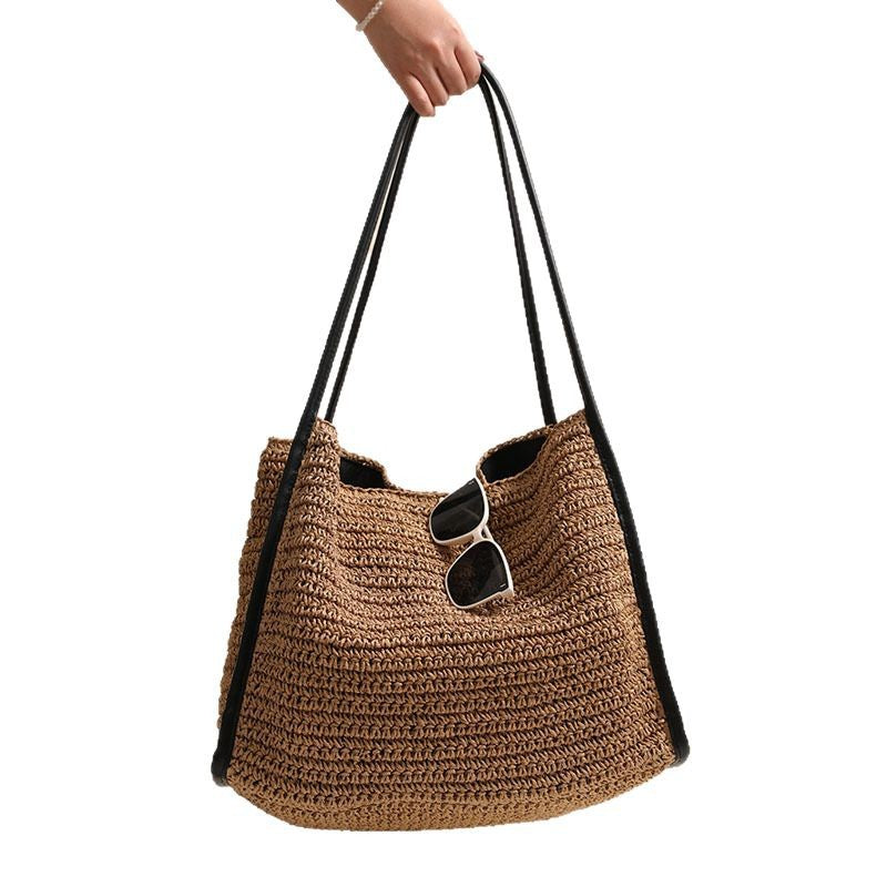 Women Large Shoulder Straw New Square Solid Woven Beach Bag
