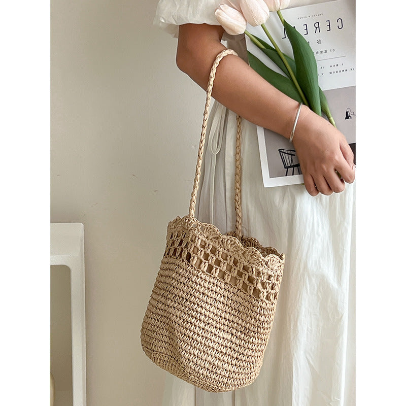 French Raffia One-Shoulder Hollow Lace Woven Beach Bag