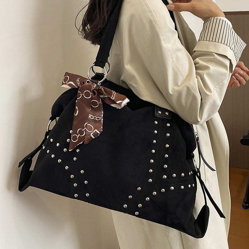 Vintage Faux Suede Studded Shoulder Tote Bag with Patterned Scarf Accent