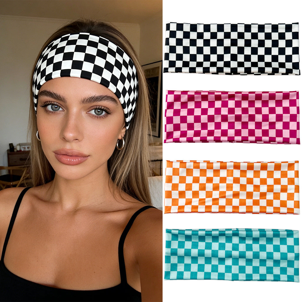 Checkerboard Plaid Elastic Sweatband Headband