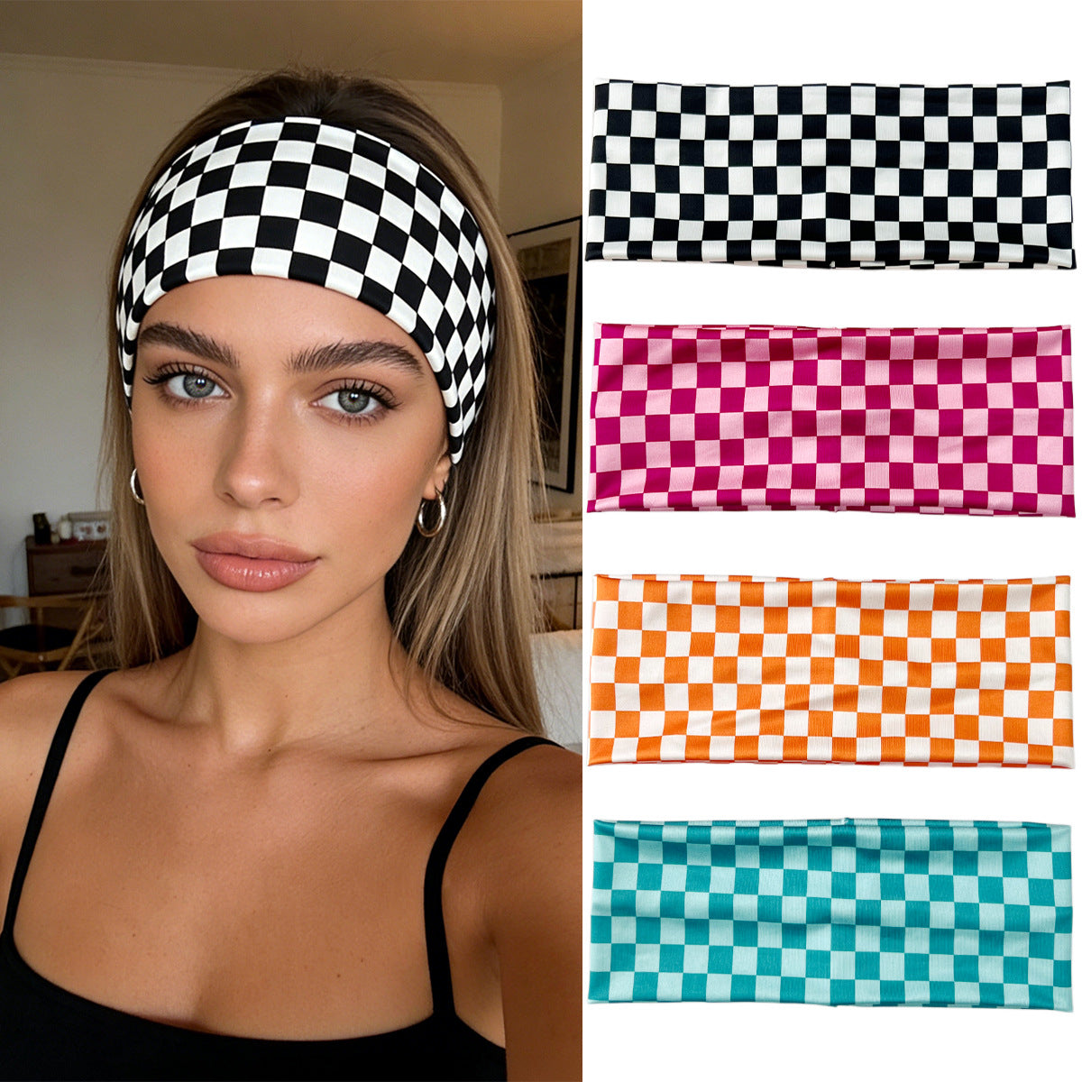 Checkerboard Plaid Elastic Sweatband Headband