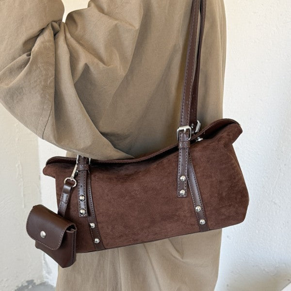 Vintage Suede Shoulder Bag with Mini Pouch and Adjustable Strap