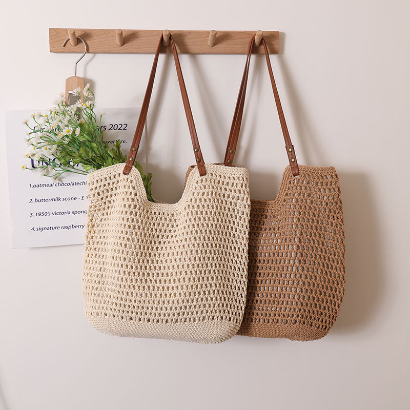 Women Casual Hollow Shoulder Cotton Woven New Lazy Handheld Beach Bag