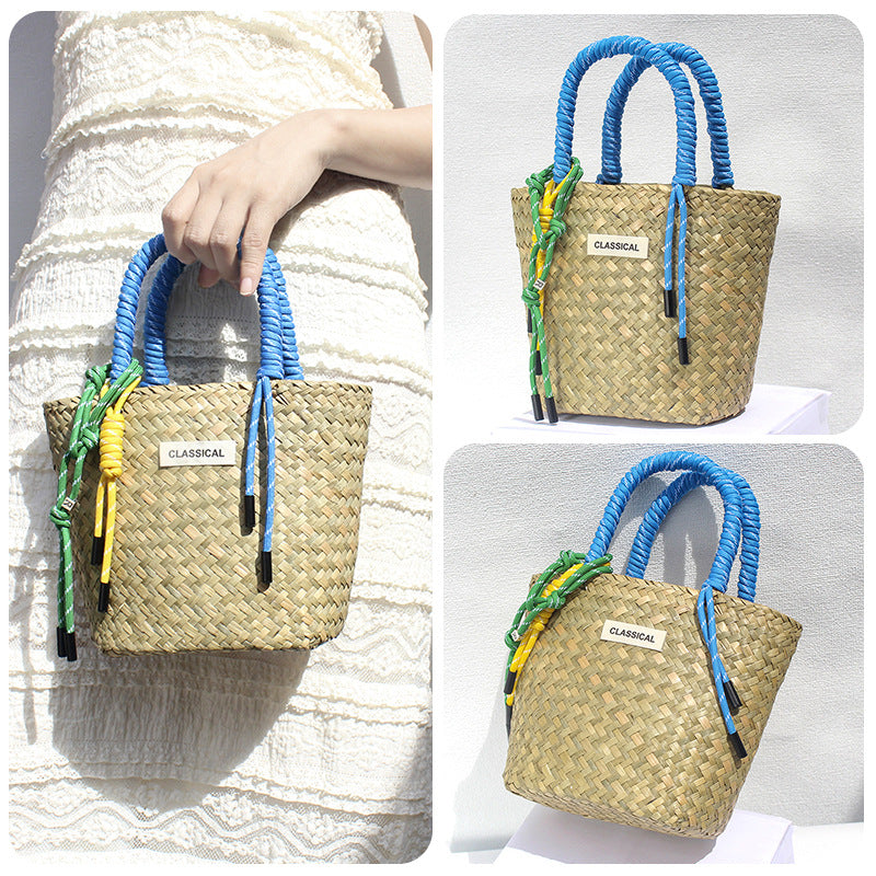 Handmade Colorful Straw Woven Beach Basket Bag