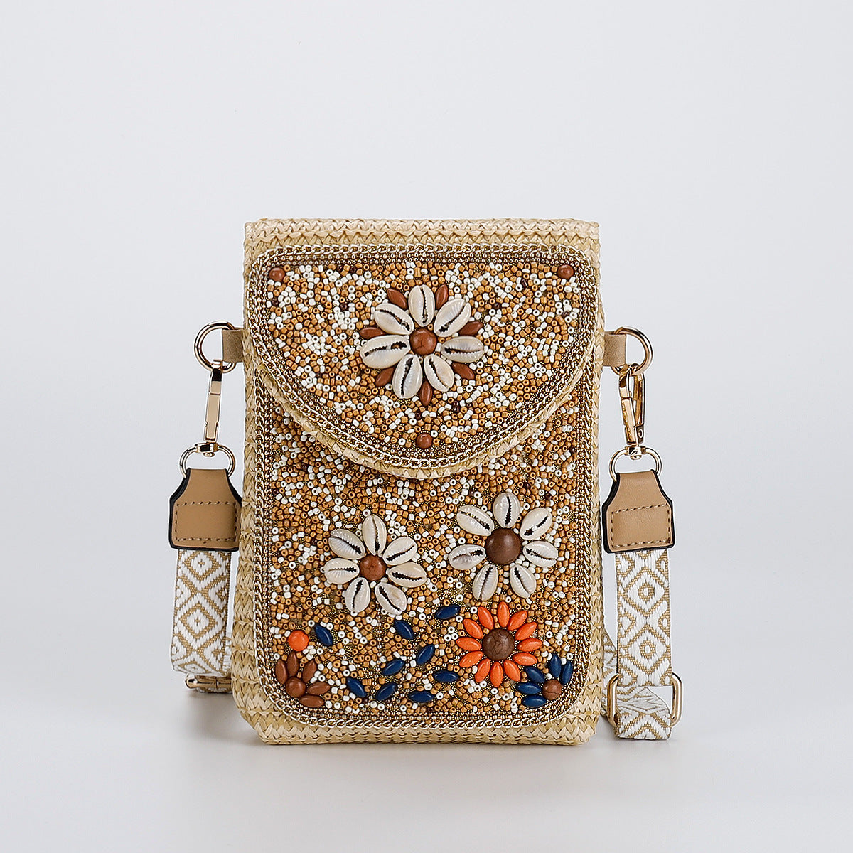 Women Luxury Straw Crossbody Bag, Fashion Beaded Woven Phone Shoulder Bag