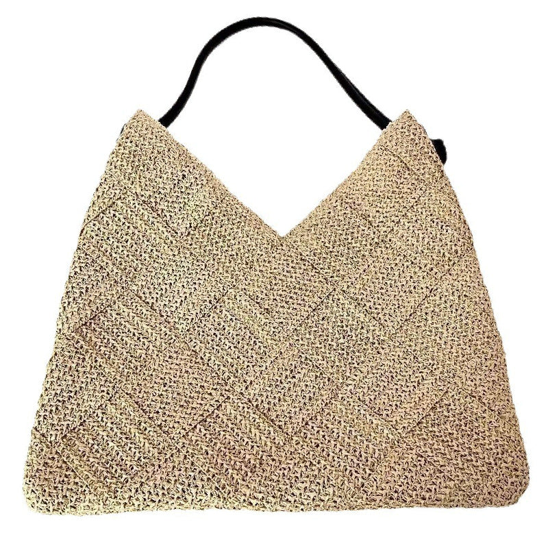 Women Casual Hollow Cotton Woven Shoulder Bag, Portable Straw Beach Vacation Bag