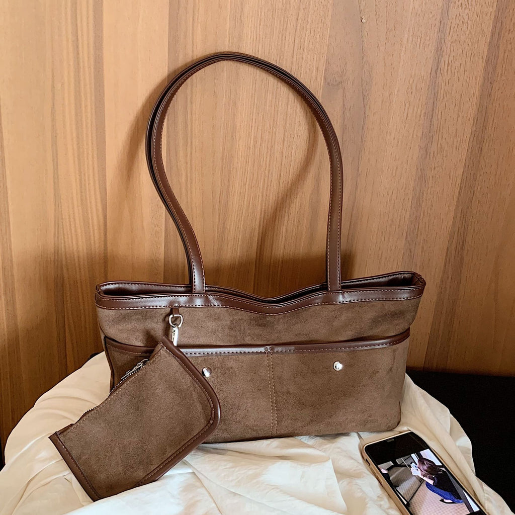 Soft Faux Suede Shoulder Tote Bag with Matching Pouch