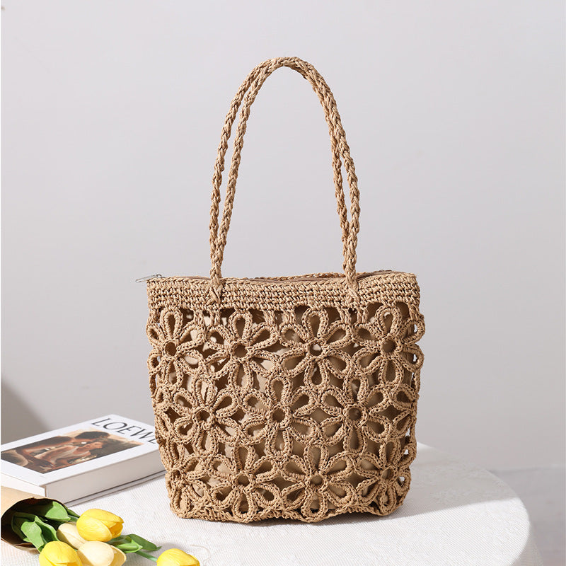 Women New Hollow Floral Straw Woven Shoulder Handheld Beach Bag