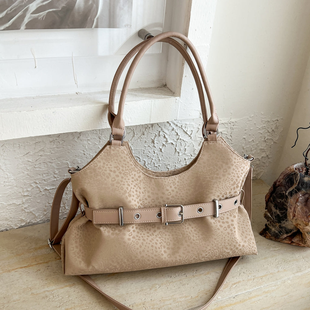 Leopard Print PU Leather Belted Shoulder Tote Bag with Detachable Strap