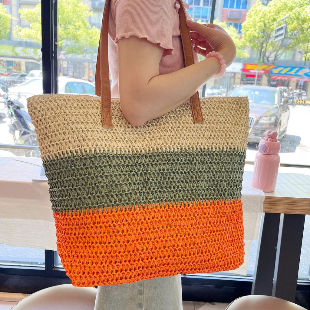 Rainbow Stripe Contrast Color Woven Straw Beach Bag