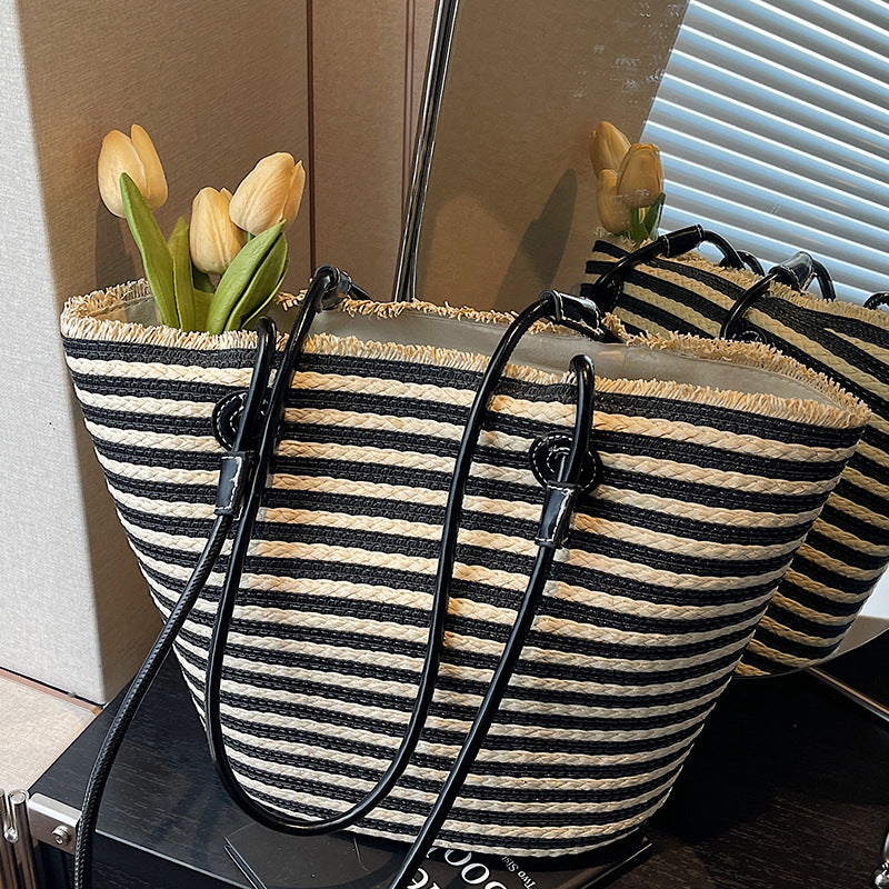 Women Unique Woven Large Striped Handheld Rustic Beach Bag