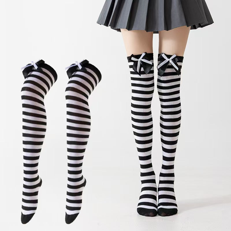Halloween Christma Striped Thigh High Socks with Satin Bow