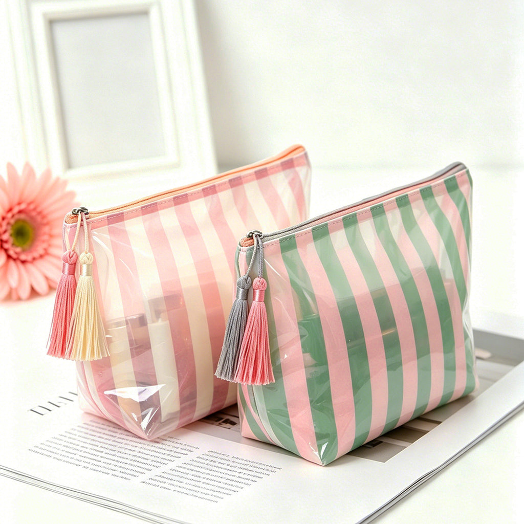 Glossy PVC Striped Waterproof Cosmetic Bag