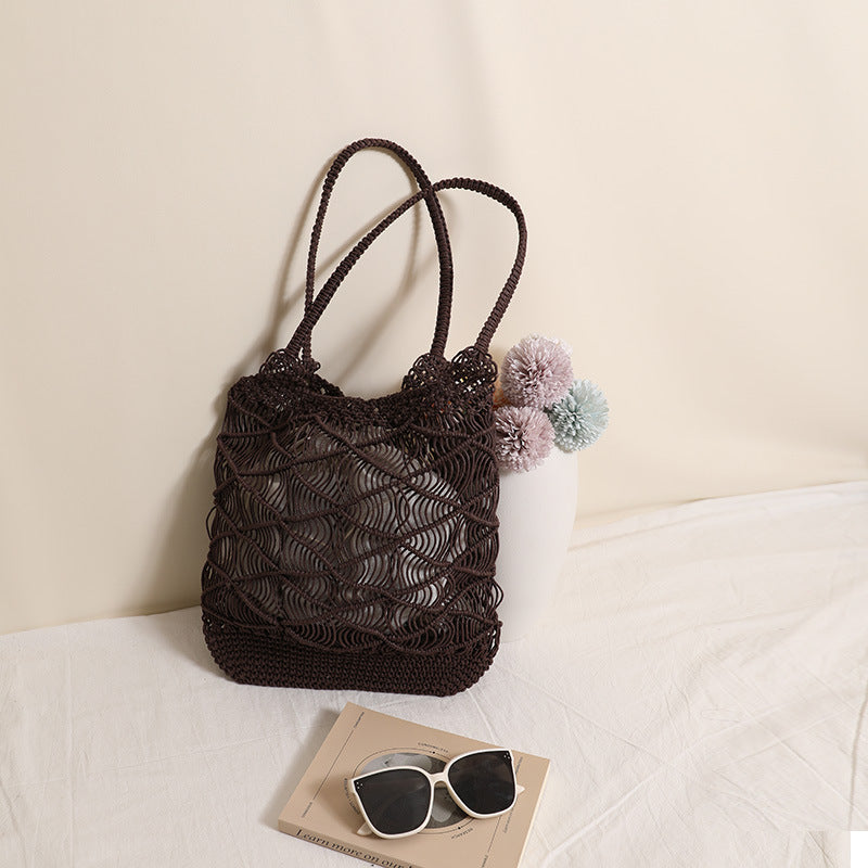 Large Capacity Rhombus Wax Rope Hollow Straw Beach Bag