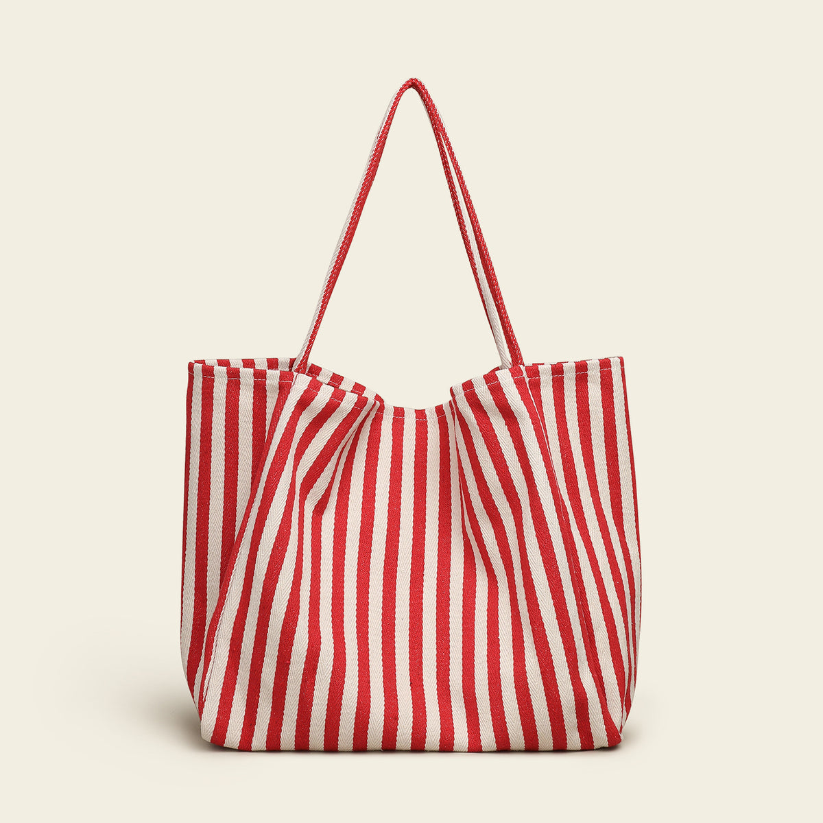 Contrast Stripe Large Capacity Soft Canvas Tote Bag