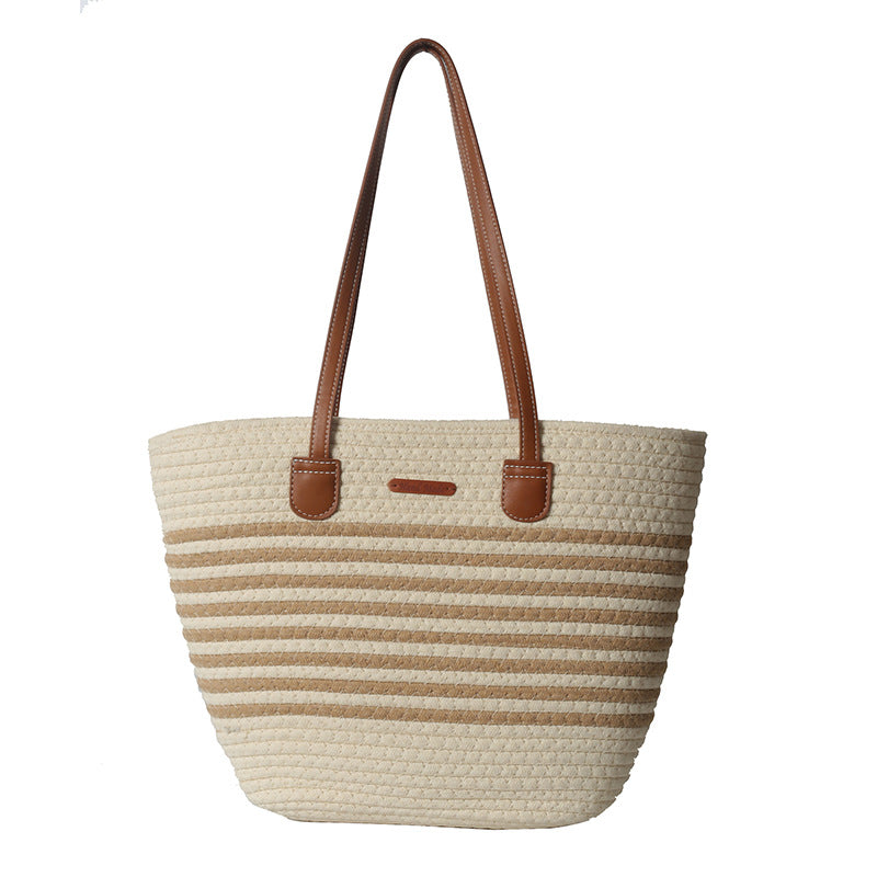 Women Fashion Straw Large Hollow Tote Beach Cotton Handheld Bag