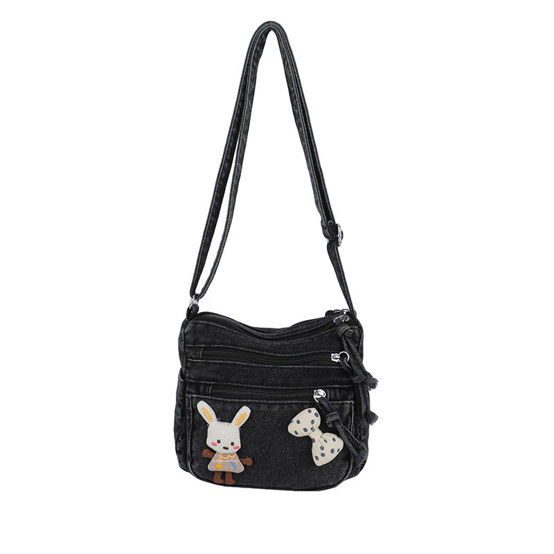 Cute Bunny Denim Crossbody Bag with Multiple Zipper Pockets