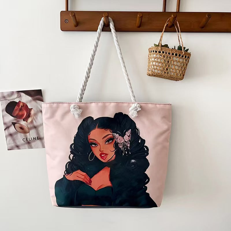 High-End Ethnic Canvas Hemp Rope Armpit Tote