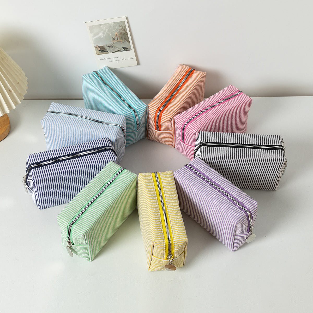 Seersucker Striped Cosmetic Bag Large Capacity Travel Toiletry Clutch Bag