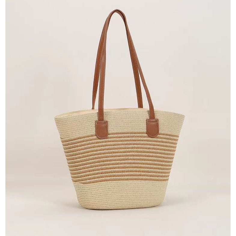 Women Straw Beach Black Stripe 2026 New Casual Summer Shoulder Tote Bag