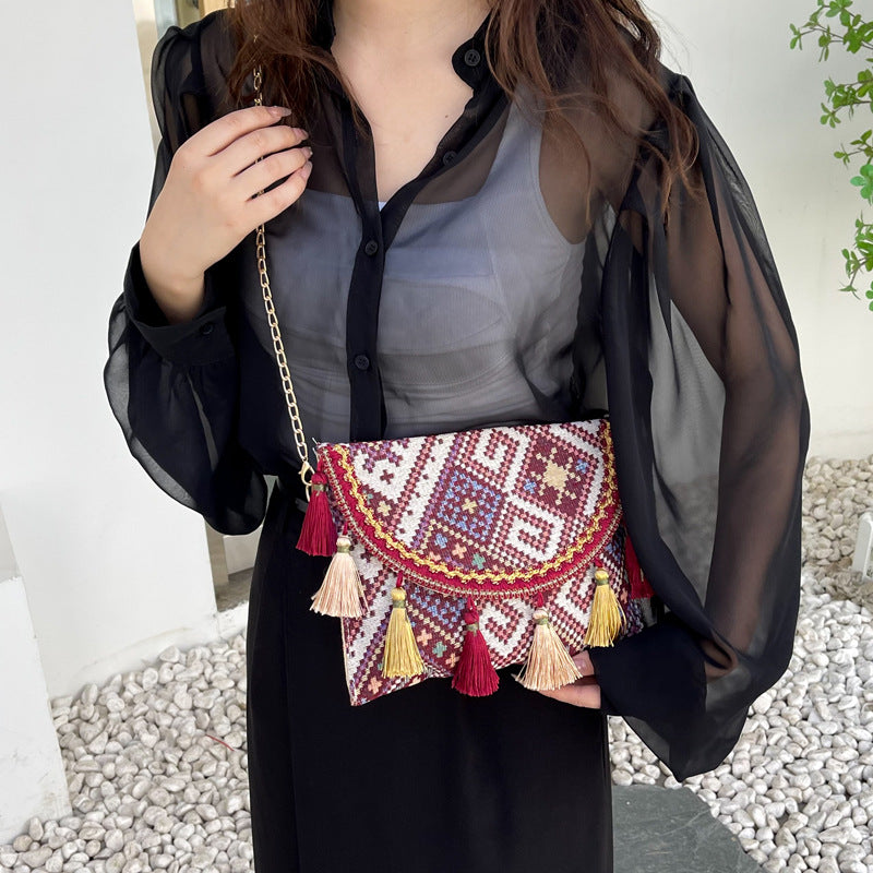 Retro Ethnic Chain Woven Canvas Shoulder Bag