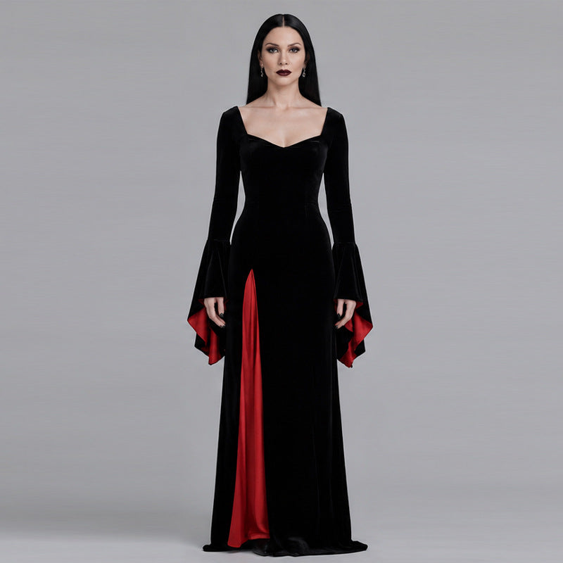 Halloween Gothic Black Velvet Maxi Dress with Red Satin Panel