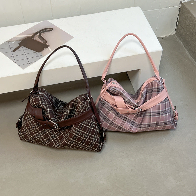 Vintage Plaid Handbag with Buckle Detail and Convertible Crossbody Strap