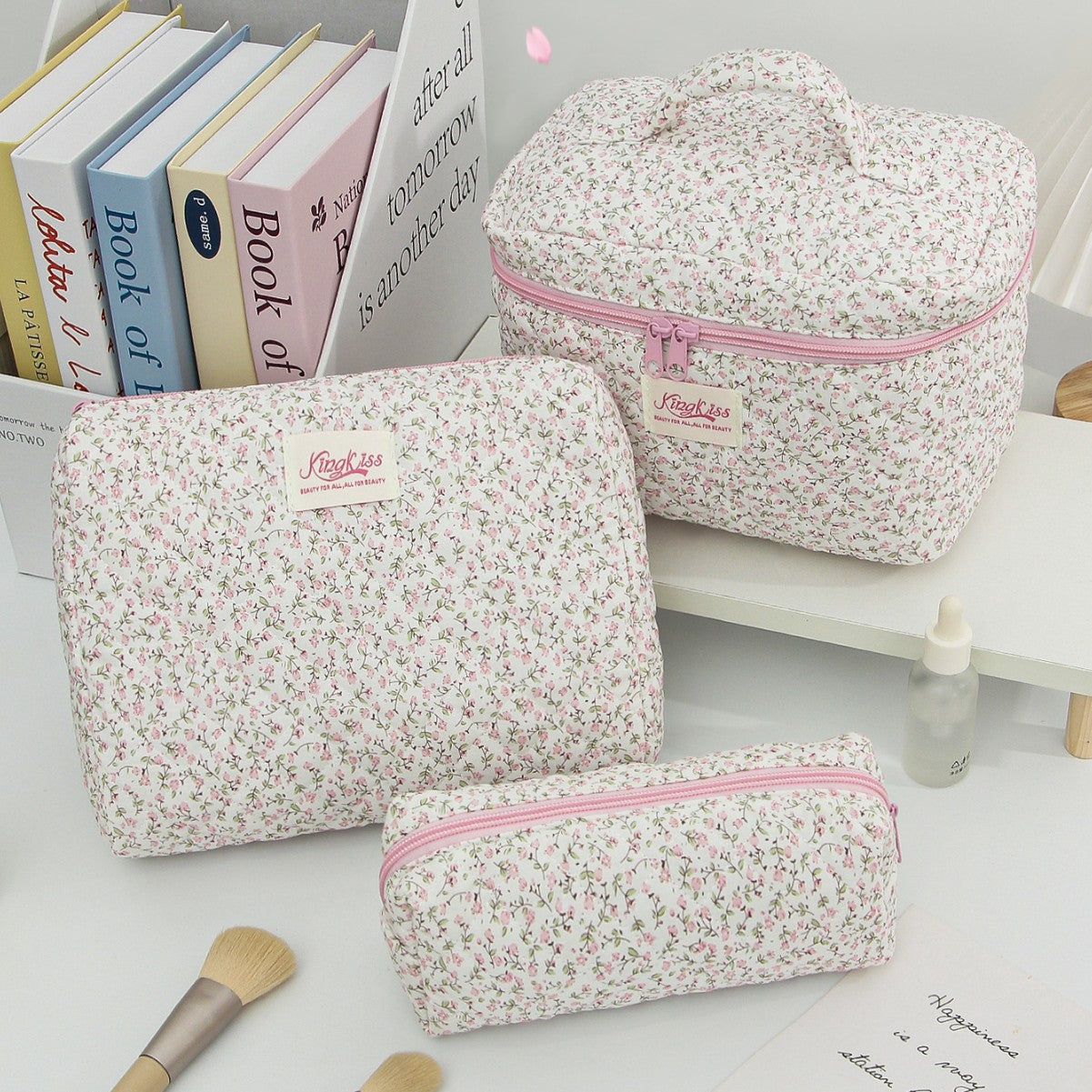 Quilted Small Floral Portable Toiletry Bag