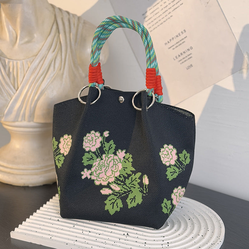 Floral Print Braided Handle Knit Bucket Bag