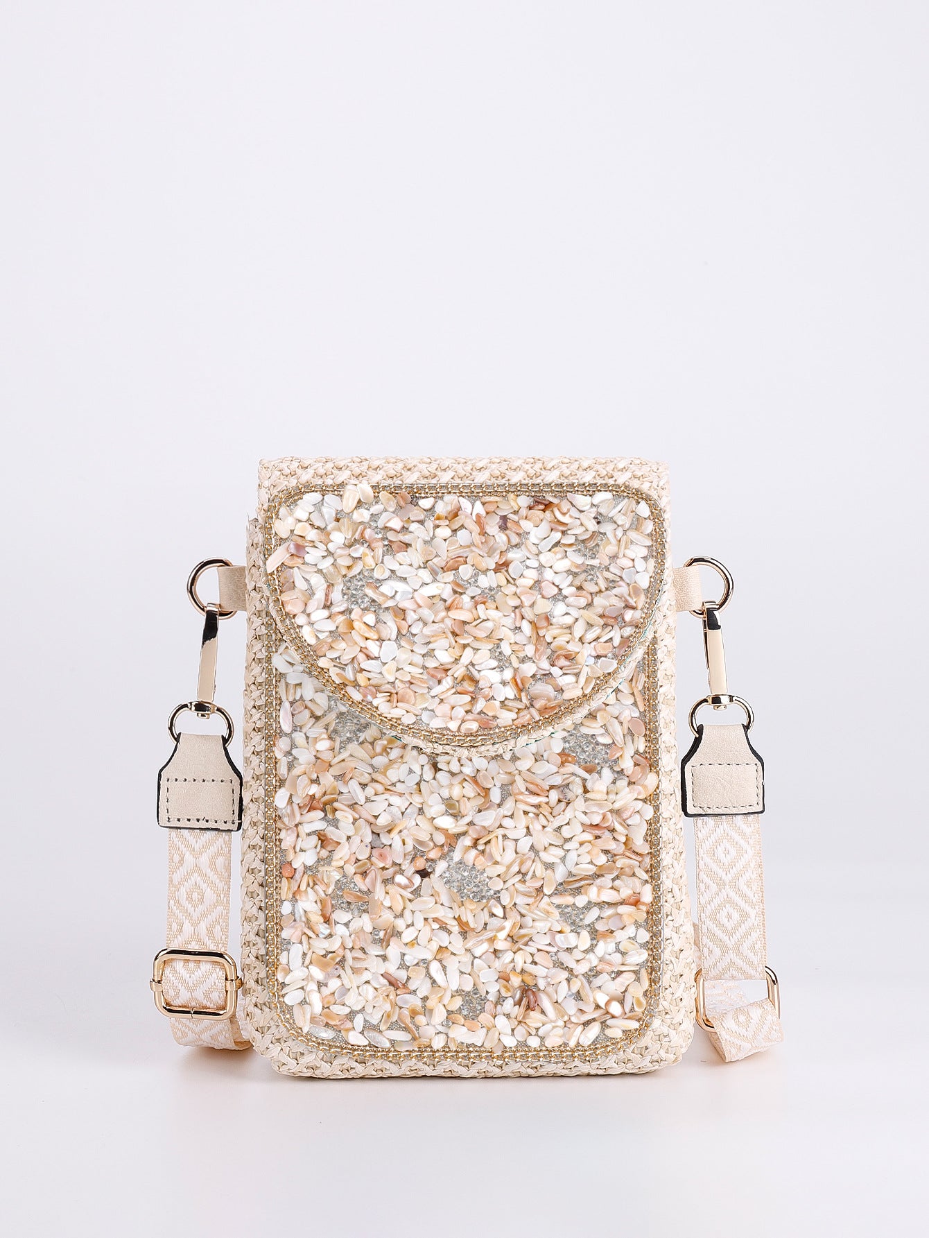 Women Luxury Straw Crossbody Bag, Fashion Beaded Woven Phone Shoulder Bag