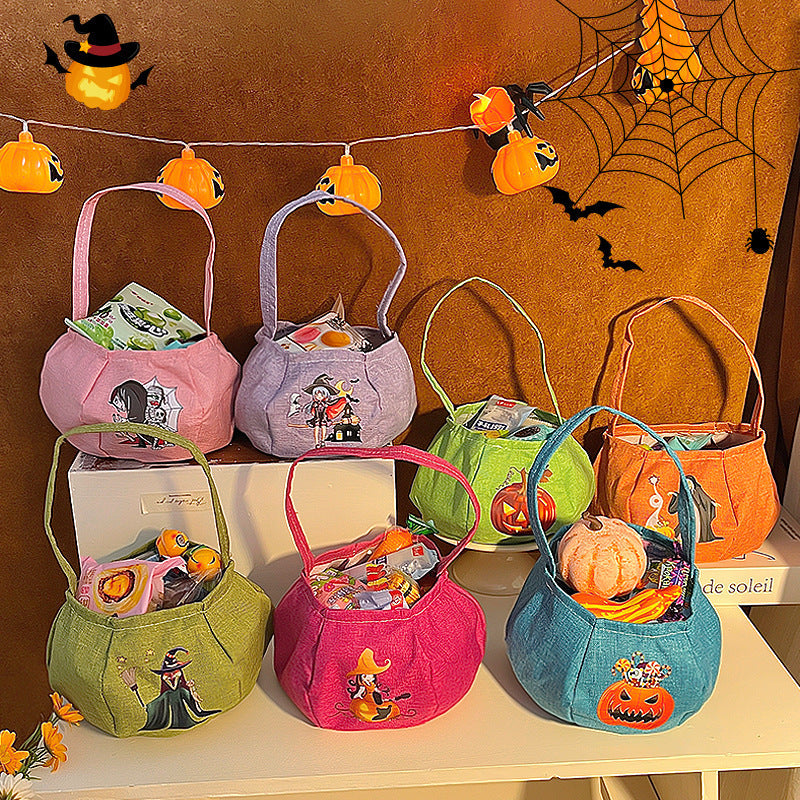 Halloween Portable Embroidered Candy Bag Children's Holiday Decor Prop Halloween Pumpkin Light Bucket Halloween Toast