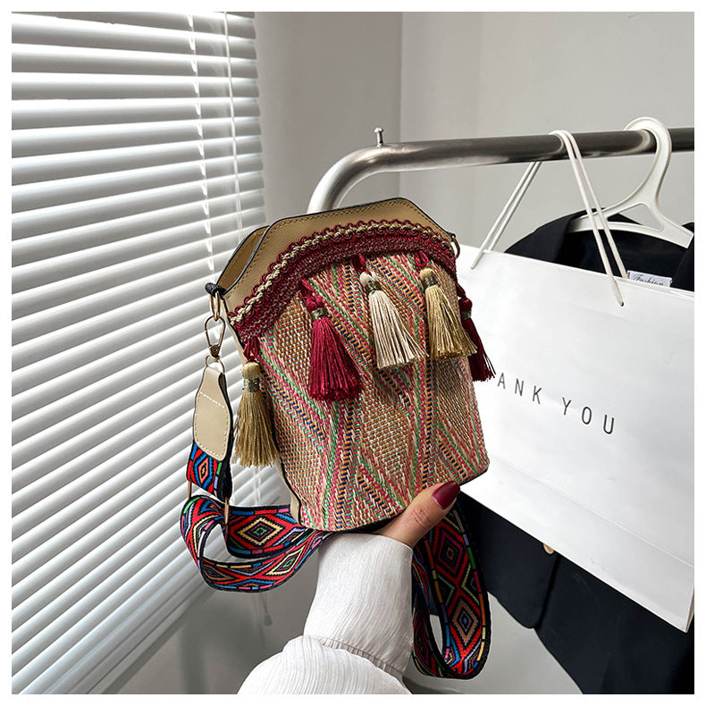 High-End Ethnic Woven Bucket Shoulder Bag