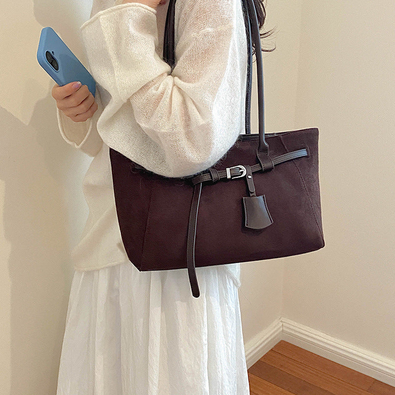 Premium Faux Suede Handbag with Belt Detail