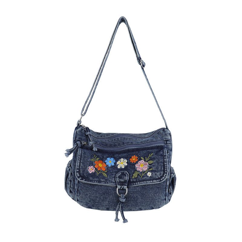 Floral Embroidered Denim Shoulder Bag with Adjustable Strap