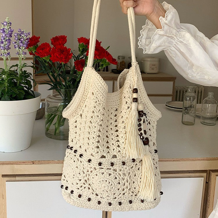 Wooden Beads Tassel Cotton Woven Hollow Straw Beach Bag
