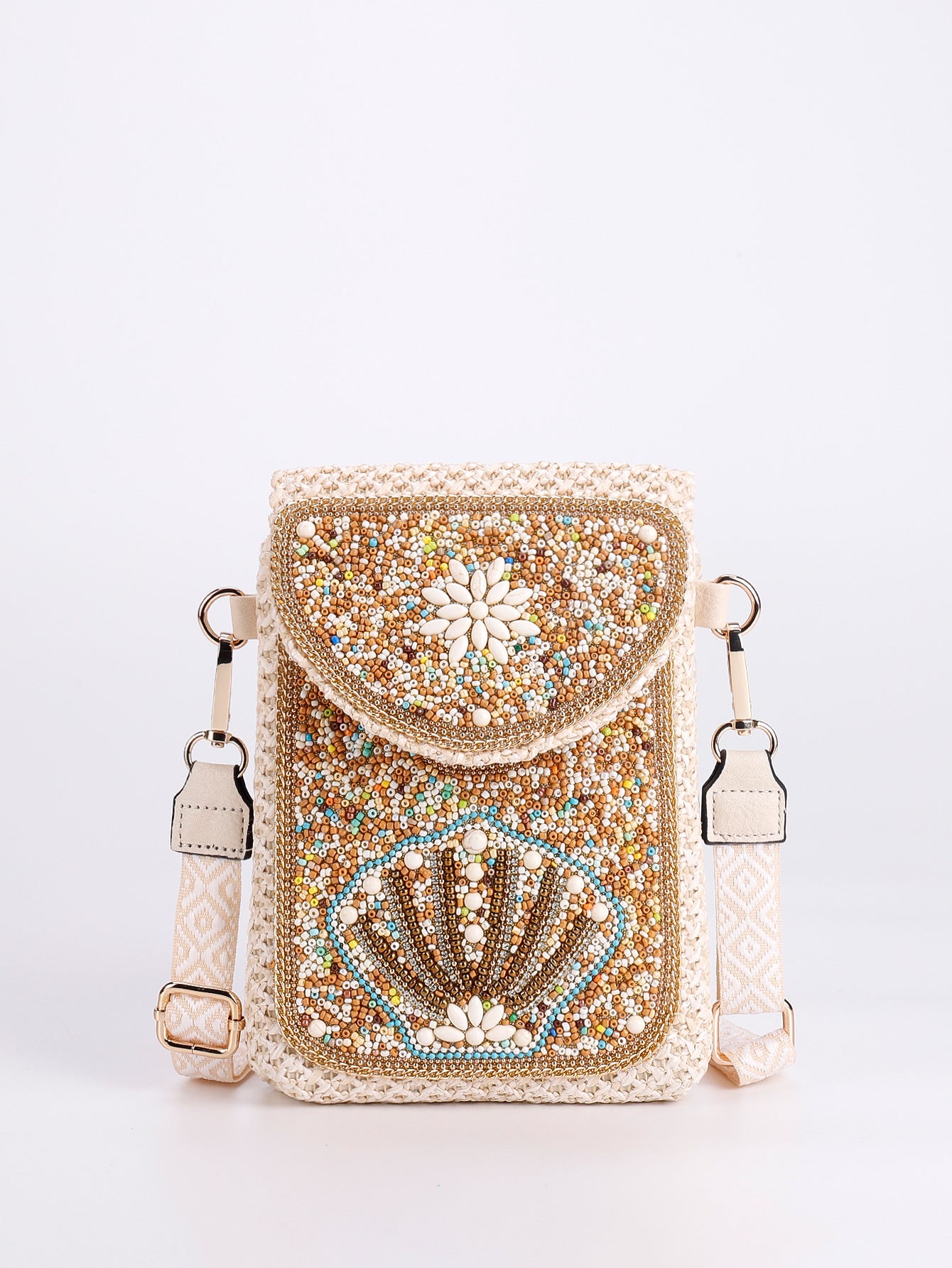 Women Luxury Straw Crossbody Bag, Fashion Beaded Woven Phone Shoulder Bag