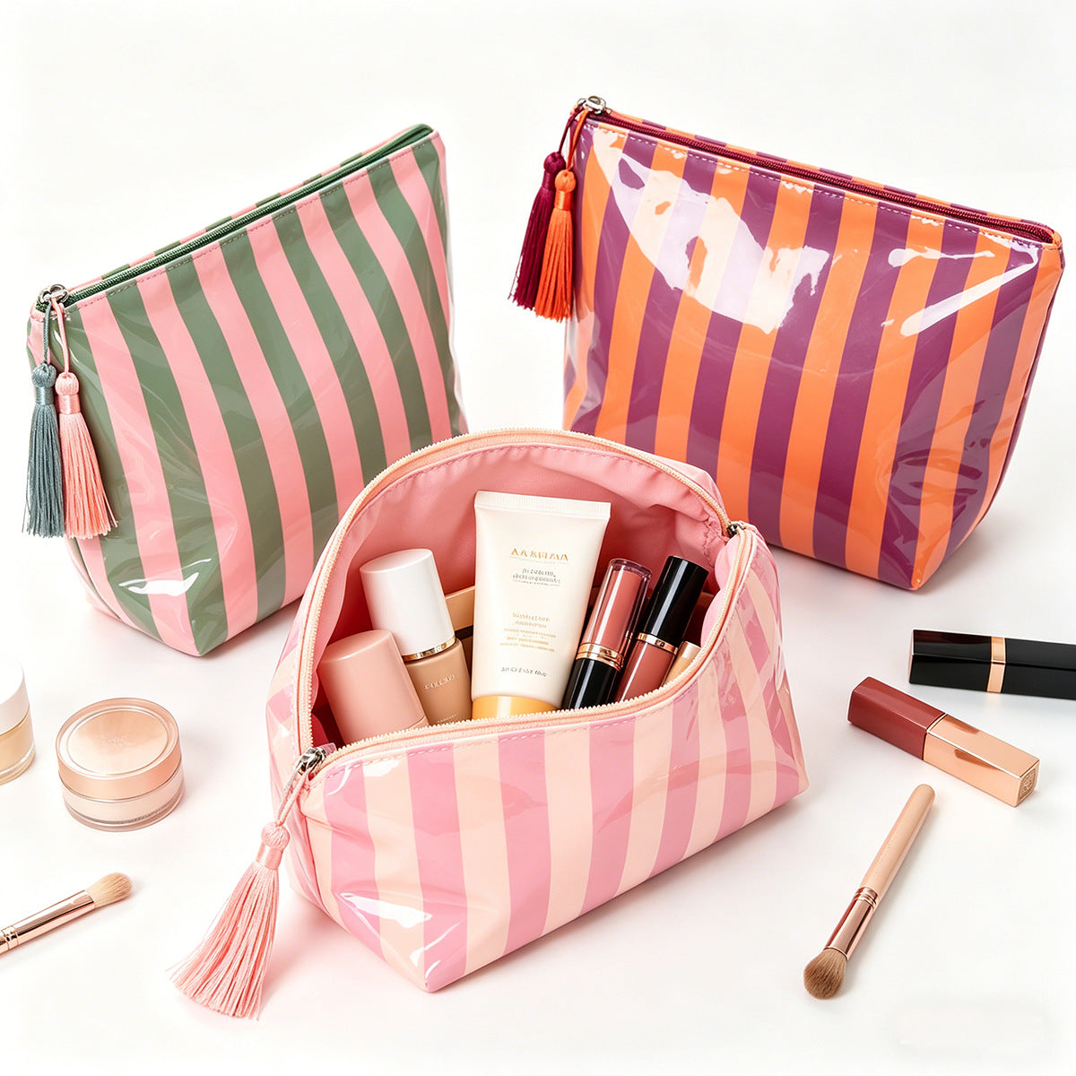Glossy PVC Striped Waterproof Cosmetic Bag